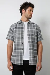 Men's Grey Check Short Sleeve Shirt in Brown Size: Small - Brown - Size: S