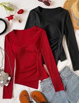 Camiseta de manga larga de cuello redondo minimalista y casual de unicolor para adolescentes - Shein - FashionsVida