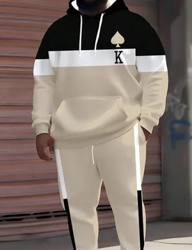 Conjunto de sudadera con capucha y pantalón de chándal de talla grande con estampado "Patrón antiguo K y rayas de contraste" de ZhuYa, estilo popul - Shein - FashionsVida