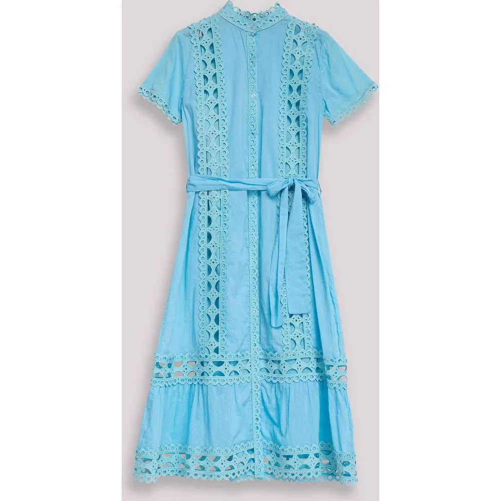 Vestido midi de algodón con encaje calado y cinturón - Niza - FashionsVida