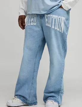 Men's Plus Raw Hem Applique Gusset Flared Jeans Light Wash Size 42 Light Wash 42 - boohooMAN - FashionsVida