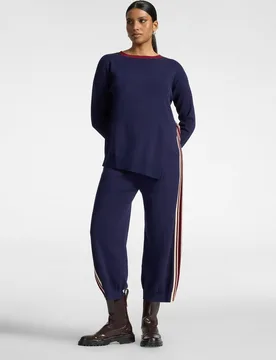 Pantalones de mujer cropped de punto con bordes a rayas ajuste cargo cierre con cordón en la cintura - Elena Miró - FashionsVida