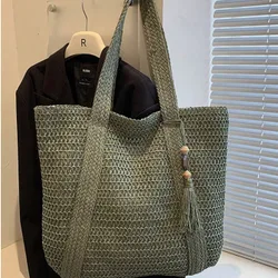 Bolso de playa de gran capacidad de mujer, de paja, con decoración de flecos, bolso de hombro tipo tote, cartera, bolso de viaje de moda casual, bols