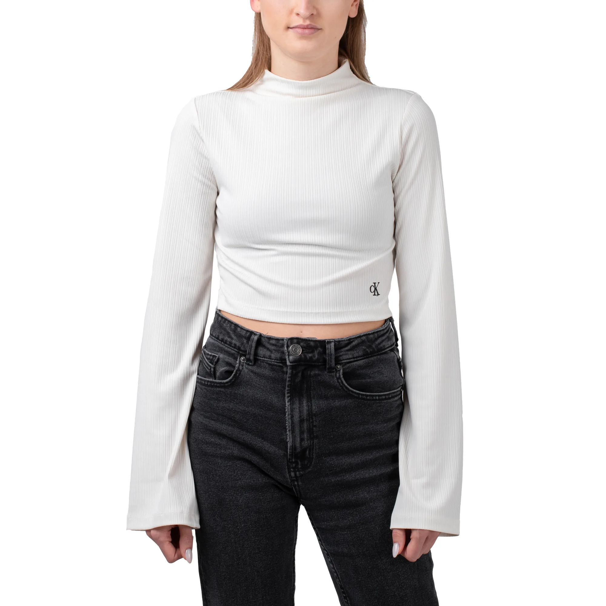 Shiny High Neck Longsleeve Ivory M Damen - Calvin Klein - FashionsVida