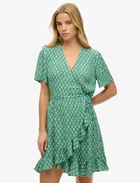 Superdry Damen Kurzärmeliges, Bedrucktes Mini-wickelkleid Green - Größe: 36 - 64.99 - FashionsVida