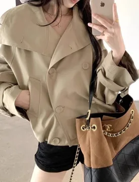 Khaki Short High-neck Trench Coat for Women, Petite Autumn Casual Double-breasted Jacket - Aliexpress - FashionsVida