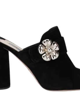 Embellished Black Suede Heeled Mules - Prada - FashionsVida