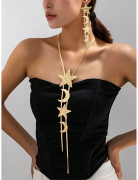 Set de 3 piezas de joyería estilo bohemio con collar y aretes exagerados y elegantes con diseño de estrella y luna, adecuado para el Ramadán, fiest