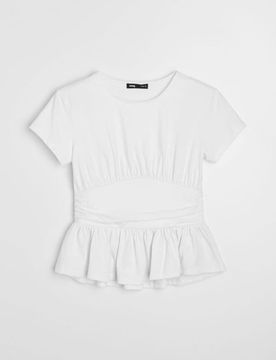 Blusa in cotone con peplo e arricciature - bianco