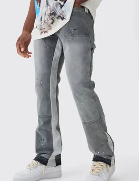 Herren Slim Rigid Flare Paint Splatter Gusset Zimmermann Jeans Hosen Grey Größe 32R - boohooMAN - FashionsVida