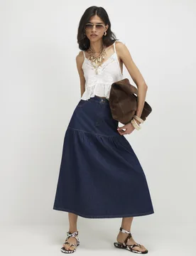 Womens Midi Skirt Blue Panelled Denim Cotton - Size 10 Uk - River Island - FashionsVida