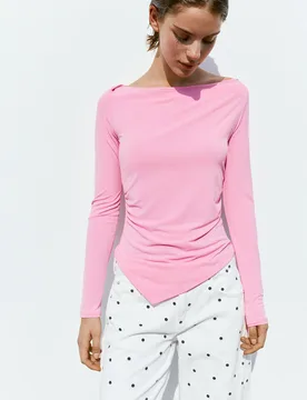Pink Boat Neck Top With Gathered Detail (Size: ) - Pull&bear - FashionsVida