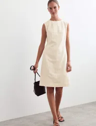 Cotton Blend Jacquard Shift Dress with Linen Ivory female