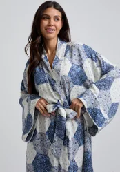 Corina Kimono Style Aster Patchwork Print Robe In Blue - S