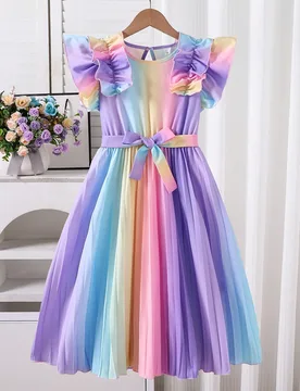 Pieza Vestido tejido elegante con estampado digital de arcoíris para niñas preadolescentes, con volantes en el bajo, mangas abultadas, cinturón en - Shein - FashionsVida