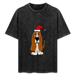 Adorable Basset Hound Dog with Red Santa Hat T-Shirt Casual Soft Cotton Short Sleeve Tee