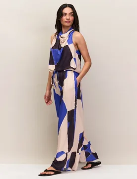 Abstract Print Wide Leg Trousers Blue Mix female - RO&ZO - FashionsVida