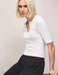 Cotton Modal Blend Ribbed Henley Top Ivory female
