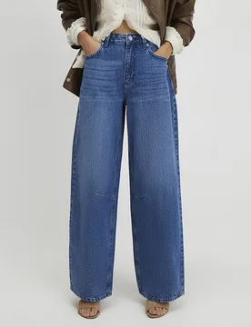 Womens Wide Leg Jeans Blue Baggy Fit Cotton - Size 16 Short - River Island - FashionsVida