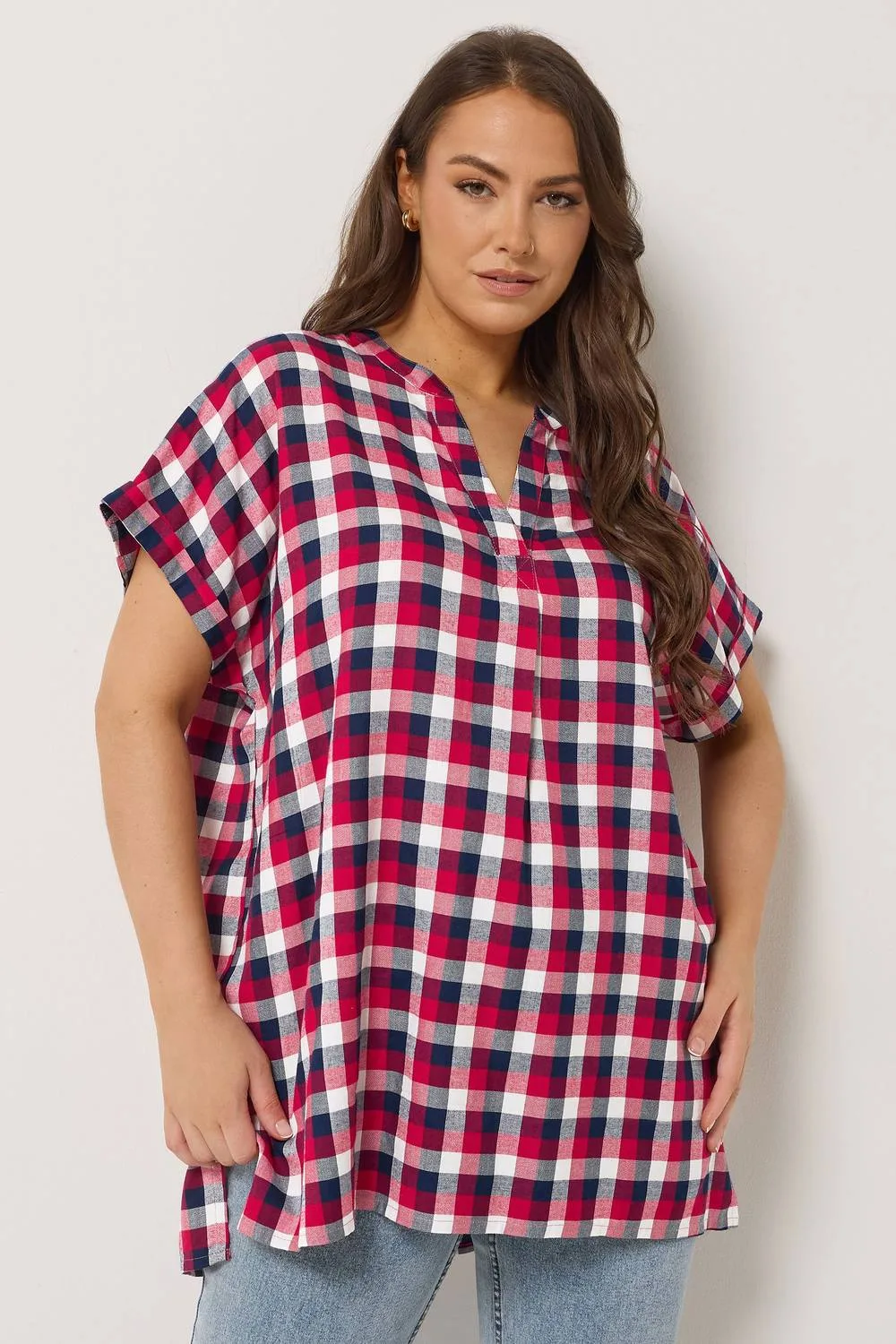 Check Overhead Half Placket Shirt - Red - Size: 20 - Yours - FashionsVida