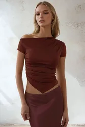 Womens Soft Touch Asymmetrical Top With Drape Detail - Chestnut - Size 2xl