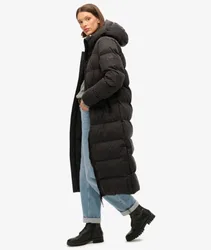 Superdry Damen Langer Steppmantel aus Mikrofaser Schwarz - Größe: 40