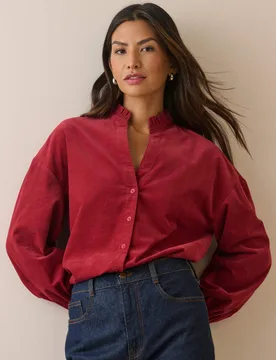 Pure Cotton Cord Frill Neck Blouse Red female - Nobody's Child - FashionsVida