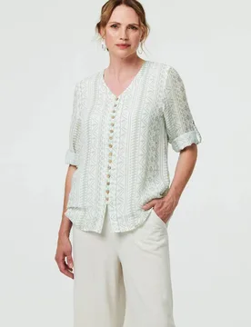 Printed Button Front Curve Hem Blouse - Green - Size: 14 - Izabel London - FashionsVida