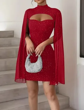 Sexy Elegant Evening Party Dresses Women Round Neck Pit Stripe Sequin Chiffon Cape Sleeve Wrapped Hip Dress New Fashion Casual - Aliexpress - FashionsVida