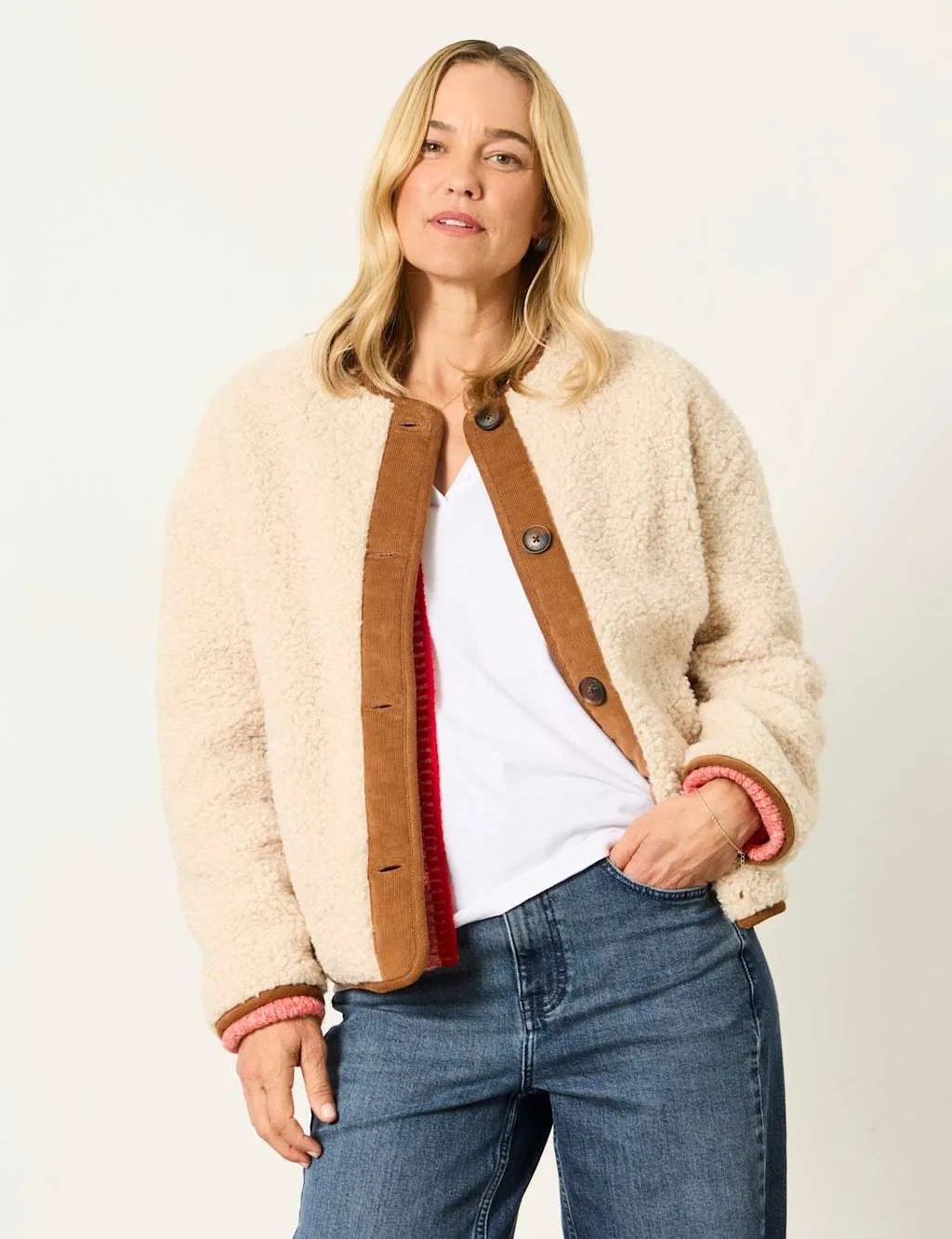 Borg Collarless Jacket Ivory Mix female - Fatface - FashionsVida