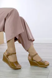 Women's High Wedge Heel Cork Ankle Strap Sandals in Tan Size: 8 - Tan - Size: 8