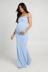 Womens Maternity Twist Bardot Maxi Dress - Pale Blue - Size 10 Uk