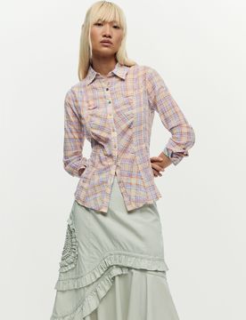 Camisa cuadros fruncido, Mujer, Algodon, Rojo, XS