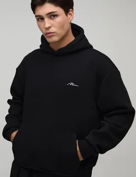 Herren Übergroßer Kastenförmiger Herren-Kapuzenpullover Mit Signatur-Stickerei Black Größe Medium - boohooMAN - FashionsVida