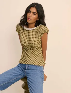Checked Lace Detail Top Green female - Nobody's Child - FashionsVida