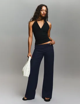 Pantalon Taille Repliée L Marine - Bershka - FashionsVida