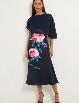 Womens Floral Cape Detail Midi Dress - Navy - Size 14 Uk - Wallis - FashionsVida