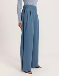 Wool Rich Pleated Straight Leg Suit Trousers Blue female