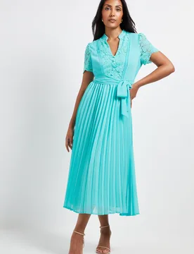Womens Petite Lace Collarless Pleated Midi Dress - Mint Polyamide - Size 8 Uk - Wallis - FashionsVida