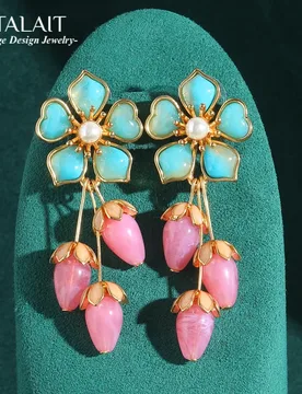 Luxury Blue Flower Earrings Dangle Natural Stone Pink Strawberry Rose Quartz Drop Gold Color Accessories Jewelry Woman 2026 Gift - Aliexpress - FashionsVida