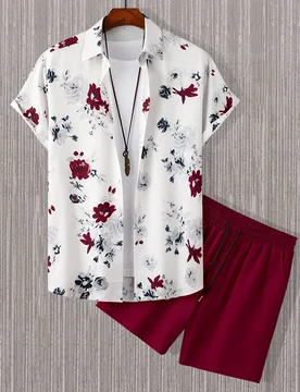 Camisa casual con estampado floral y pantalones cortos con cordón en la cintura sin camiseta para salir, para hombre - Shein - FashionsVida
