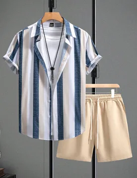 Conjunto de camiseta casual de manga corta con botones al frente y rayas, y pantalones cortos para hombres - Shein - FashionsVida