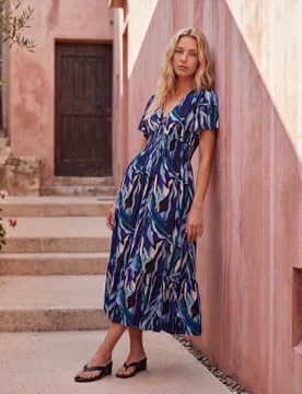 Ring Detail Printed Dress - S / NAVY - female - Blue Vanilla - FashionsVida