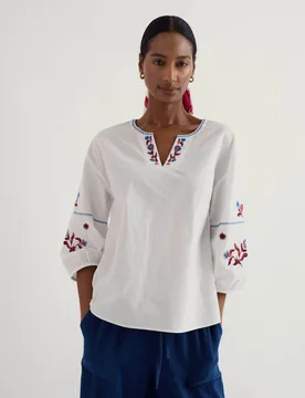 Pure Cotton Embroidered Notch Neck Top White female - Seasalt cornwall - FashionsVida