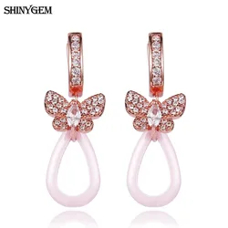 Fashion Pink Pottery Jewellery Delicate Lovely Butterfly Gold Plated Micro Inlay Zircon Crystal Ceramics Drop Earrings For Women