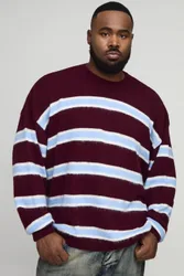 Herren Plus Kontraststreifen Gebürsteter Strick Oversized Pullover Burgundy Größe 3XL