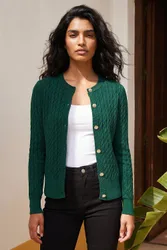 Women's Cable Knit Cardigan Sweater in Green Size: 16 - Green - Size: 16