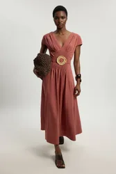 Women's Shirred V Neck Belt Detail Woven Maxi Dress in Rust Size: 14 - Rust - Size: 14