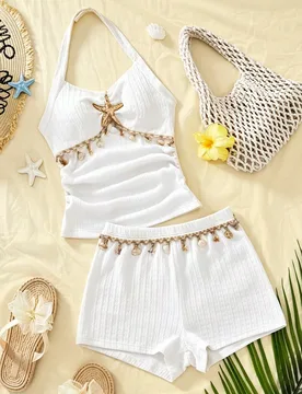 Conjunto de top sin mangas para niña preadolescente, estilo océano con cuello halter, diseño de cuello halter con textura plisada 3D, se ajusta a h - Shein - FashionsVida