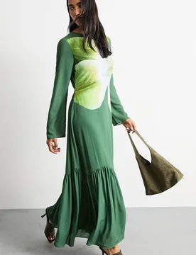 Womens Chiffon Placement Print Midaxi Dress - Dark Green - Size 8 Uk - Warehouse - FashionsVida